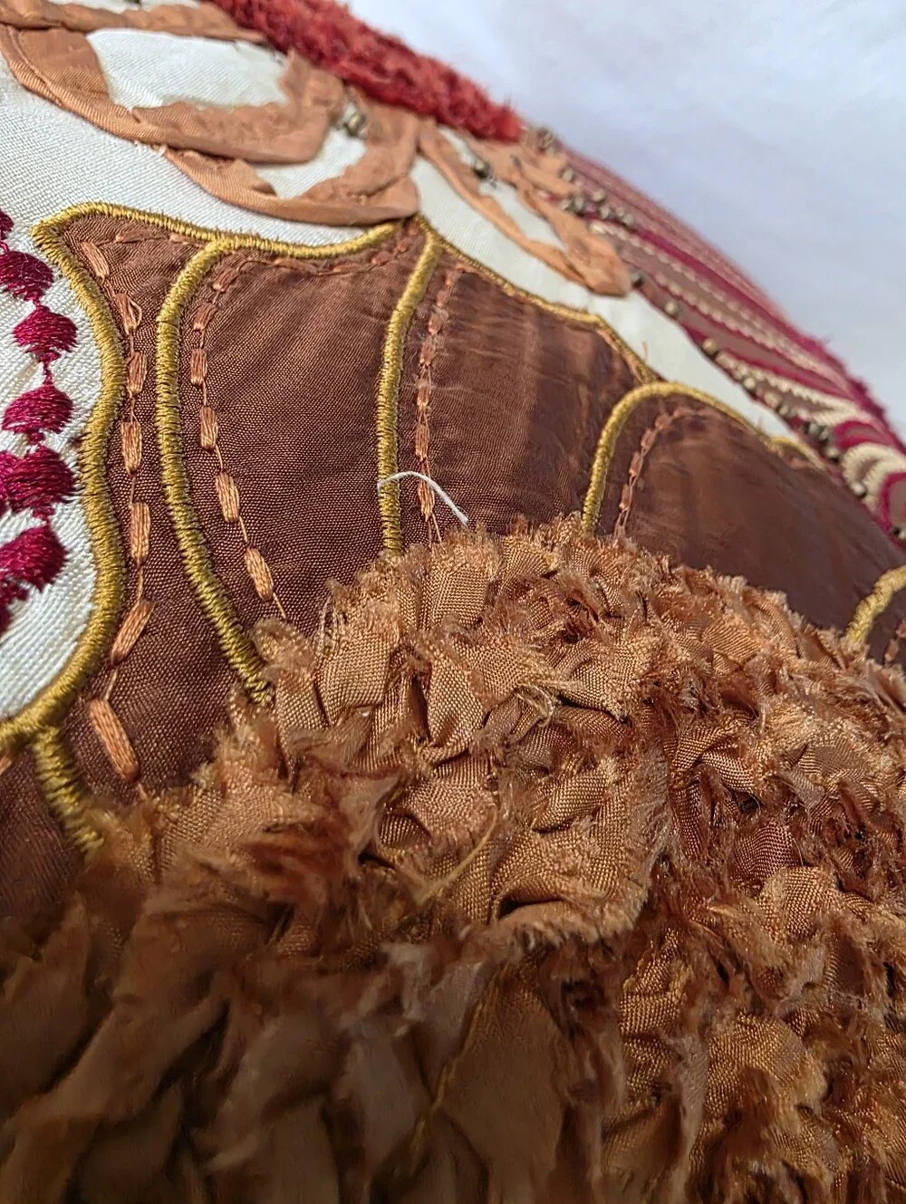 Pier 1 Floral Beaded Embroidered Square Ribbon Burgundy Rust Pillow Cover 18x18